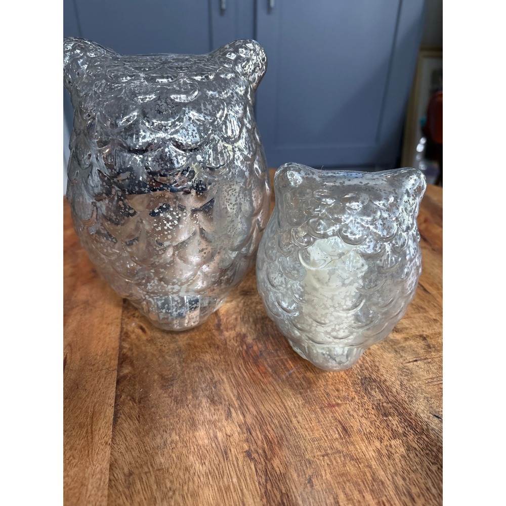 Silver Mercury Glass Owl Figurines Set of 2 Light Up LED Decorative Statues - Picture 4 of 8
